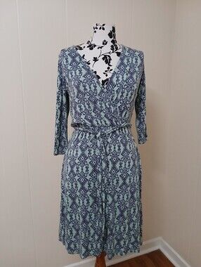 Pixley Light Blue and Navy Printed Faux Wrap Dress